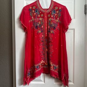 Johnny Was coral embroidered button down tunic size large